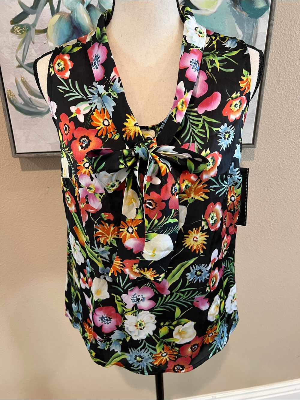 Elementz Floral Tie-Neck Sleeveless Camisole in Black with Multicolor Blooms